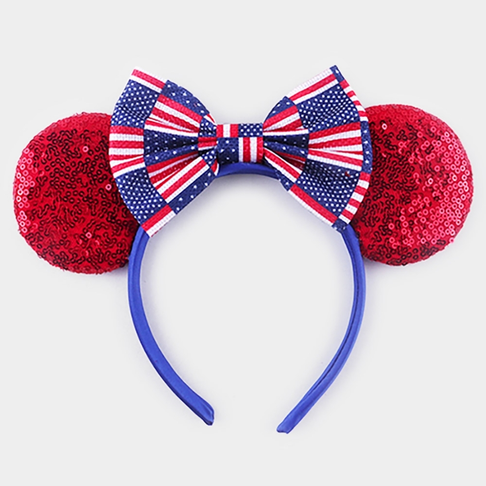 Red White Blue Sequin Mouse Ears Striped American USA Flag 4th Of July Headband